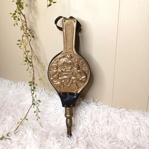 Antique French Repousse Brass Wood & Leather Fireplace Bellows Steampunk